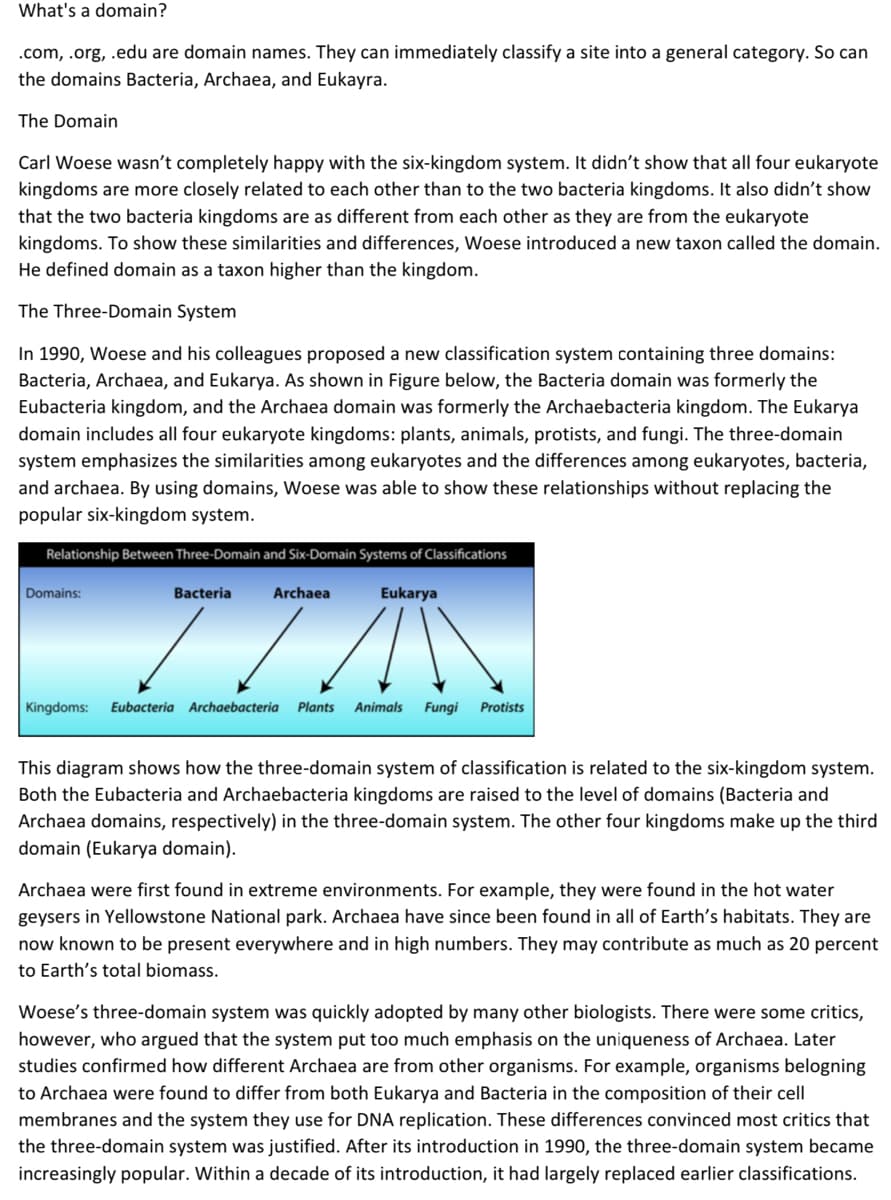 What's a domain?
.com, .org, .edu are domain names. They can immediately classify a site into a general category. So can
the domains Bacteria, Archaea, and Eukayra.
The Domain
Carl Woese wasn't completely happy with the six-kingdom system. It didn't show that all four eukaryote
kingdoms are more closely related to each other than to the two bacteria kingdoms. It also didn't show
that the two bacteria kingdoms are as different from each other as they are from the eukaryote
kingdoms. To show these similarities and differences, Woese introduced a new taxon called the domain.
He defined domain as a taxon higher than the kingdom.
The Three-Domain System
In 1990, Woese and his colleagues proposed a new classification system containing three domains:
Bacteria, Archaea, and Eukarya. As shown in Figure below, the Bacteria domain was formerly the
Eubacteria kingdom, and the Archaea domain was formerly the Archaebacteria kingdom. The Eukarya
domain includes all four eukaryote kingdoms: plants, animals, protists, and fungi. The three-domain
system emphasizes the similarities among eukaryotes and the differences among eukaryotes, bacteria,
and archaea. By using domains, Woese was able to show these relationships without replacing the
popular six-kingdom system.
Relationship Between Three-Domain and Six-Domain Systems of Classifications
Domains:
Bacteria
Archaea
Eukarya
Kingdoms:
Eubacteria Archaebacteria
Plants
Animals
Fungi
Protists
This diagram shows how the three-domain system of classification is related to the six-kingdom system.
Both the Eubacteria and Archaebacteria kingdoms are raised to the level of domains (Bacteria and
Archaea domains, respectively) in the three-domain system. The other four kingdoms make up the third
domain (Eukarya domain).
Archaea were first found in extreme environments. For example, they were found in the hot water
geysers in Yellowstone National park. Archaea have since been found in all of Earth's habitats. They are
now known to be present everywhere and in high numbers. They may contribute as much as 20 percent
to Earth's total biomass.
Woese's three-domain system was quickly adopted by many other biologists. There were some critics,
however, who argued that the system put too much emphasis on the uniqueness of Archaea. Later
studies confirmed how different Archaea are from other organisms. For example, organisms belogning
to Archaea were found to differ from both Eukarya and Bacteria in the composition of their cell
membranes and the system they use for DNA replication. These differences convinced most critics that
the three-domain system was justified. After its introduction in 1990, the three-domain system became
increasingly popular. Within a decade of its introduction, it had largely replaced earlier classifications.
