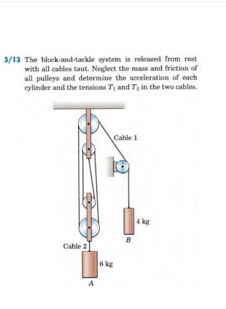 3/12 The block-and-tackle system is released from rest
with all cables taut. Neglect the mass and friction of
all pulleys and determine the acceleration of each
cylinder and the tensions T₁ and T₂ in the two cables.
Cable 1
Cable 2
A
6 kg
B
4 kg