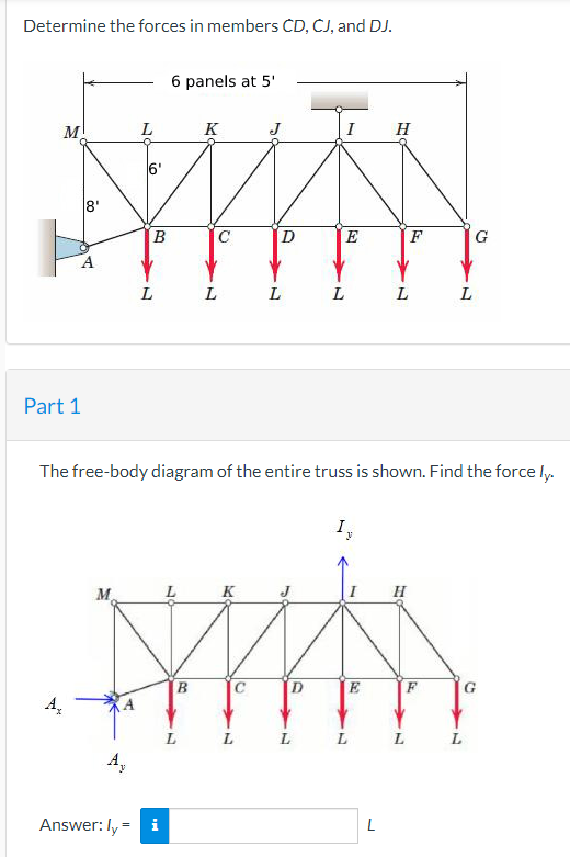 Determine the forces in members CD, CJ, and DJ.
M
Part 1
8'
A₂
L
M
6'
L
B
6 panels at 5'
Answer: ly = i
K
L
L
C
J
D
L
L
I
E
The free-body diagram of the entire truss is shown. Find the force ly.
I,
K
DYWAN
B
E
L
L
L
H
L
L
F
L
L
G
L
G