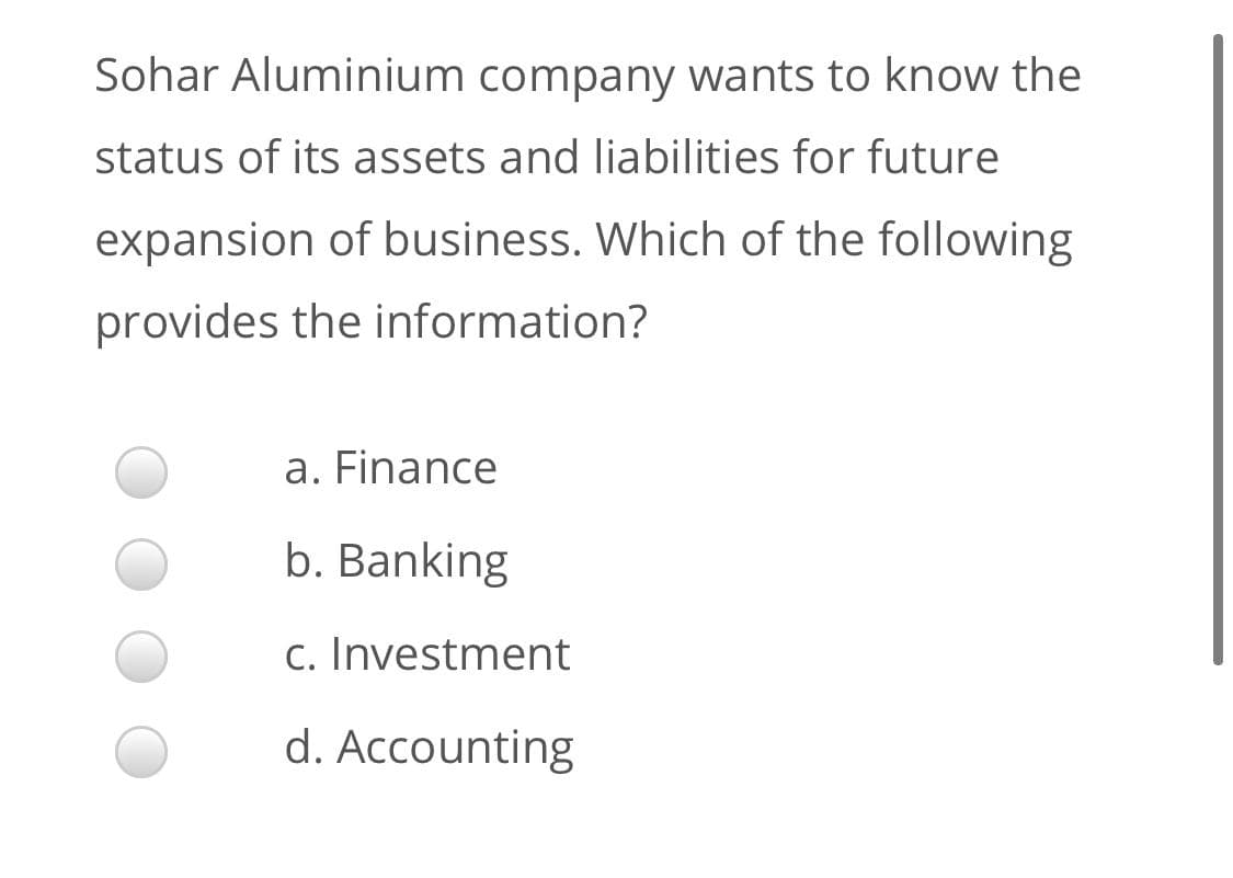 Sohar Aluminium company wants to know the
status of its assets and liabilities for future
expansion of business. Which of the following
provides the information?
a. Finance
b. Banking
c. Investment
d. Accounting
