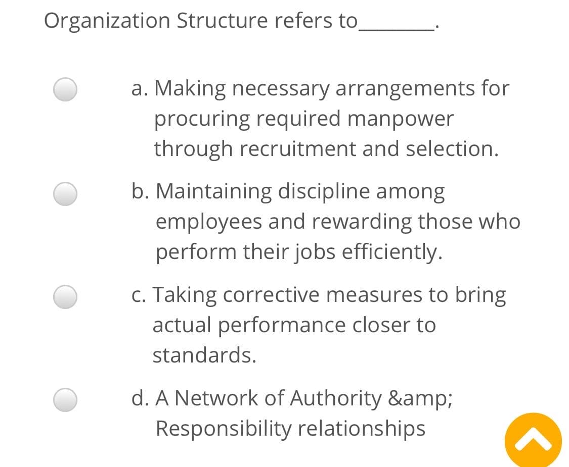 Organization Structure refers to
a. Making necessary arrangements for
procuring required manpower
through recruitment and selection.
b. Maintaining discipline among
employees and rewarding those who
perform their jobs efficiently.
c. Taking corrective measures to bring
actual performance closer to
standards.
d. A Network of Authority &amp;
Responsibility relationships
