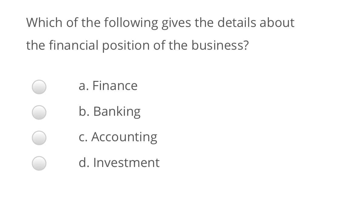Which of the following gives the details about
the financial position of the business?
a. Finance
b. Banking
c. Accounting
d. Investment
