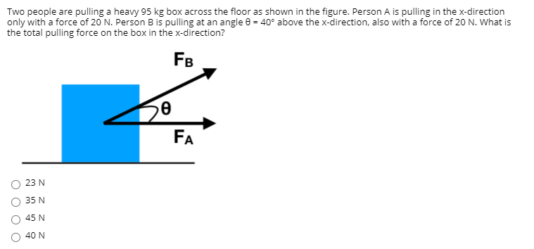 Two people are pulling a heavy 95 kg box across the floor as shown in the figure. Person A is pulling in the x-direction
only with a force of 20 N. Person B is pulling at an angle e = 40° above the x-direction, also with a force of 20 N. What is
the total pulling force on the box in the x-direction?
