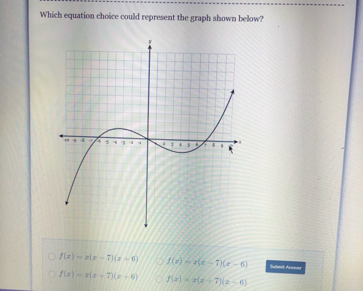 Which equation choice could represent the graph shown below?
-10 -9 -8
-7.
-6 -5 -4-3
-2 -1
3 4 5
67
8 9
2
O f(r) = a(x- 7)(a+6)
0 f(a) = 교(z-7)(a-6)
Submit Answer
O f(z) = 2(x+7)(x + 6)
O (a) = r(2 + 7)(2- 6)
