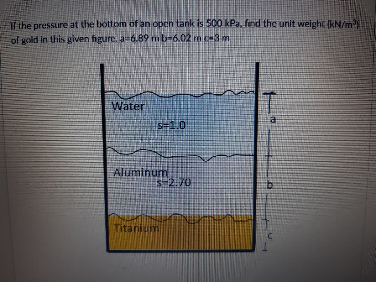 If the pressure at the bottom of an open tank is 500 kPa, find the unit weight (kN/m)
of gold in this given figure. a=6.89 m b-6.02 m c-3 m
Water
s=1.0
Aluminum
s=2.70
Titanium
