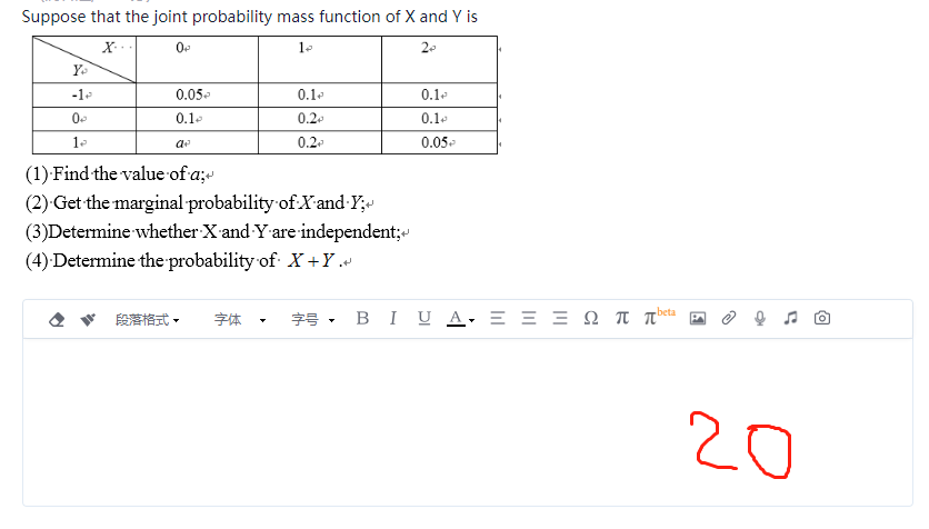 Suppose that the joint probability mass function of X and Y is
X...
Op
1+
2+
Yo
-1+
0.05
0.1
0.1
0
0.1
0.2+
0.1
1₂
a
0.2
0.05-
(1) Find the value of a;
(2) Get the marginal probability of X-and-Y;<
(3)Determine whether X and Y are independent;<
(4) Determine the probability of X+Y.
段落格式 • 字体
# B IU A = = =
5
â
CH
20
[0]
