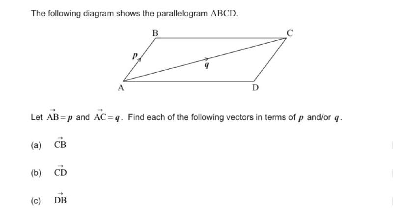 The following diagram shows the parallelogram ABCD.
D
Let AB=p and AC=q. Find each of the following vectors in terms of p and/or q.
(a) CB
(b) CD
(c) DB
ہے
A
B
C