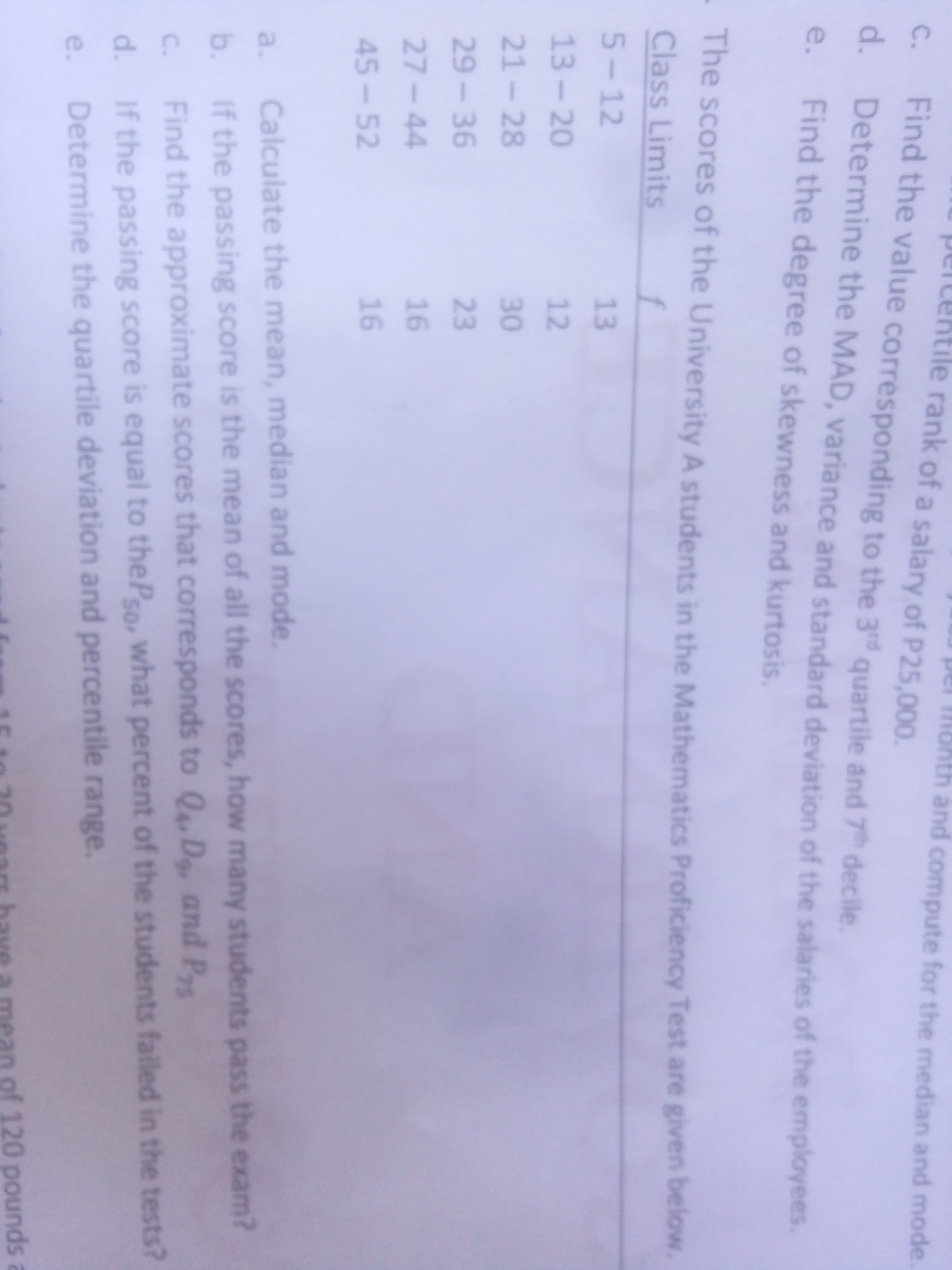 The scores of the University A students in the Mathematics Proficiency Test are given below
Class Limits
f
5-12
13
13-20
12
21-28
30
29-36
23
27-44
16
45-52
16
a.
Calculate the mean, median and mode.
b.
If the passing score is the mean of all the scores, how many students pass the exam?
C.
Find the approximate scores that corresponds to Q.D, and Ps
d. If the passing score is equal to thePso, what percent of the students failed in the tests?
Determine the quartile deviation and percentile range.
e.
