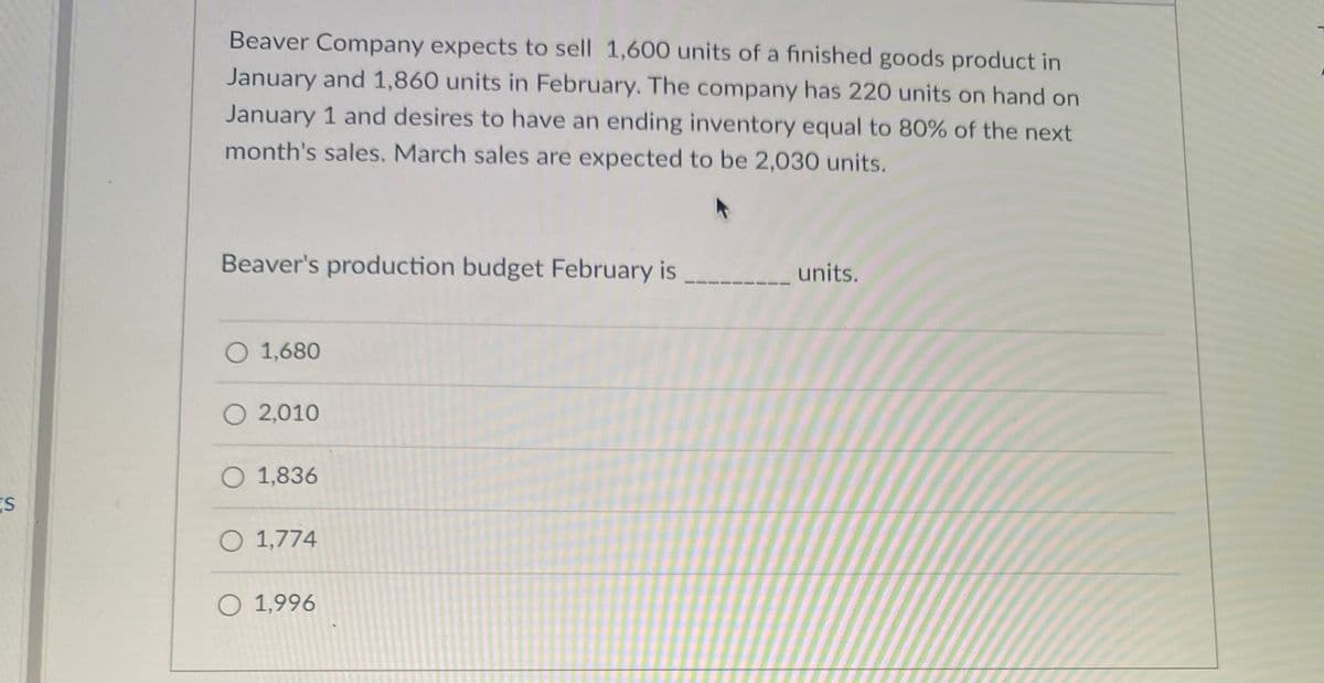 Beaver Company expects to sell 1,600 units of a finished goods product in
January and 1,860 units in February. The company has 220 units on hand on
January 1 and desires to have an ending inventory equal to 80% of the next
month's sales. March sales are expected to be 2,030 units.
Beaver's production budget February is
units.
O 1,680
O 2,010
O 1,836
O 1,774
O 1,996
