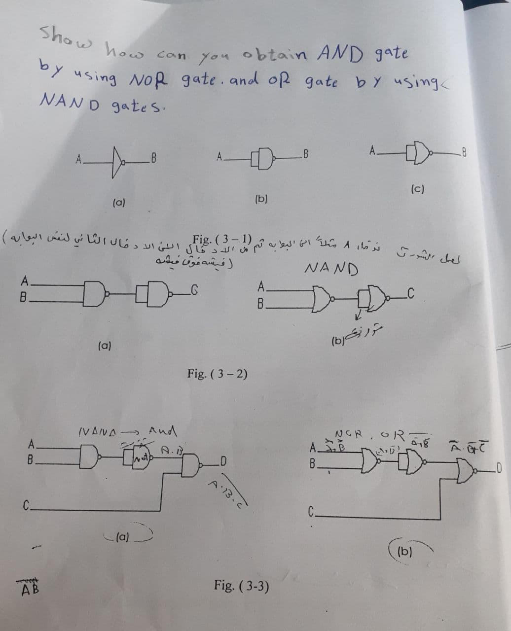 Show how
obtain AND gate
Can
you
y using NoR gate.and oR gate by using
NAND gates.
8
A.
(c)
(b)
(a)
Fig. ( 3 - 1)
فيشه فوقا میشه
NAND
A.
A.
B.
DD-
B.
(a)
Fig. ( 3 - 2)
IVAVA And
A.N.
A'13.C
C.
C.
(a)
((b)
Fig. (3-3)
AB
AB
