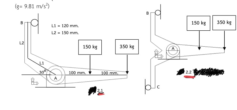 (g= 9.81 m/s³)
150 kg || 350 kg
B
L1 = 120 mm.
L2 = 150 mm.
L2
150 kg
350 kg
L1
30
2.2
100 mm.
100 mm.
A
ble
2.1
B.
