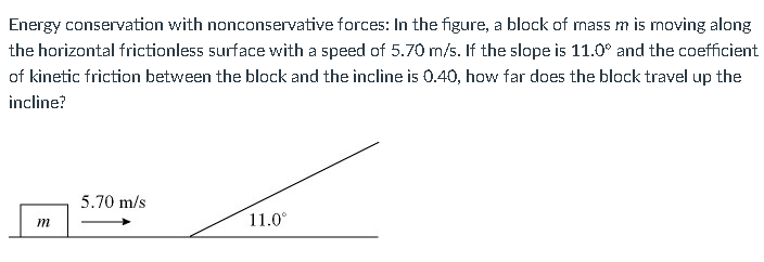 Energy conservation with nonconservative forces: In the figure, a block of mass m is moving along
the horizontal frictionless surface with a speed of 5.70 m/s. If the slope is 11.0° and the coefficient
of kinetic friction between the block and the incline is 0.40, how far does the block travel up the
incline?
m
5.70 m/s
11.0°