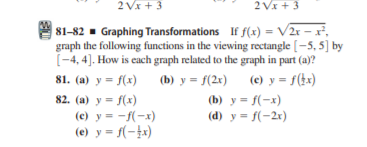 2 Vx + 3
2 Vx +3
81-82 - Graphing Transformations If f(x) = V2r – x,
graph the following functions in the viewing rectangle [-5, 5] by
[-4, 4]. How is each graph related to the graph in part (a)?
%3D
81. (a) y = f(x)
(b) y = f(2x)
(c) y = f(}x)
82. (a) y = f(x)
(b) y = f(-x)
(d) y = f(-2x)
(c) y = -f(-x)
(e) y = (-}x)
