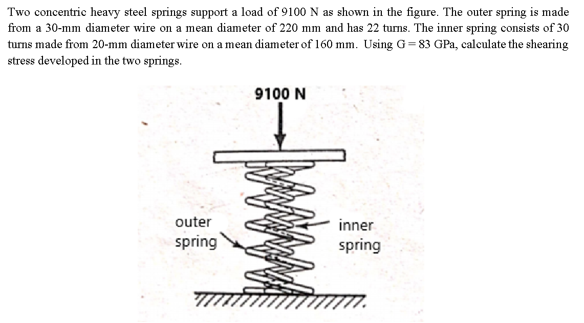 Two concentric heavy steel springs support a load of 9100 N as shown in the figure. The outer spring is made
from a 30-mm diameter wire on a mean diameter of 220 mm and has 22 turns. The inner spring consists of 30
turns made from 20-mm diameter wire on a mean diameter of 160 mm. Using G=83 GPa, calculate the shearing
stress developed in the two springs.
outer
spring
9100 N
inner
spring