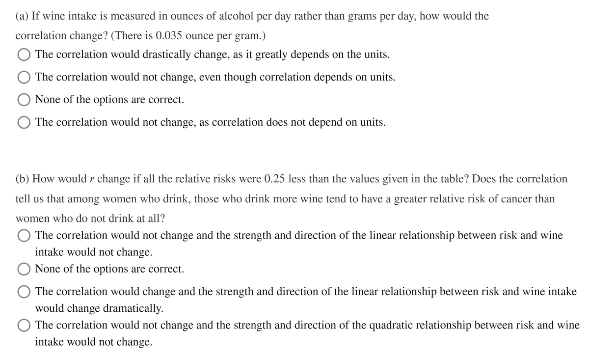 (a) If wine intake is measured in ounces of alcohol per day rather than grams per day, how would the
correlation change? (There is 0.035 ounce per gram.)
The correlation would drastically change, as it greatly depends on the units.
The correlation would not change, even though correlation depends on units.
None of the options are correct.
The correlation would not change, as correlation does not depend on units.
(b) How would r change if all the relative risks were 0.25 less than the values given in the table? Does the correlation
tell us that among women who drink, those who drink more wine tend to have a greater relative risk of cancer than
women who do not drink at all?
The correlation would not change and the strength and direction of the linear relationship between risk and wine
intake would not change.
None of the options are correct.
The correlation would change and the strength and direction of the linear relationship between risk and wine intake
would change dramatically.
The correlation would not change and the strength and direction of the quadratic relationship between risk and wine
intake would not change.
