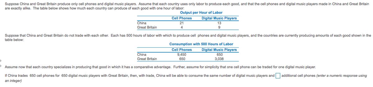 Suppose China and Great Britain produce only cell phones and digital music players. Assume that each country uses only labor to produce each good, and that the cell phones and digital music players made in China and Great Britain
are exactly alike. The table below shows how much each country can produce of each good with one hour of labor:
Output per Hour of Labor
Cell Phones
Digital Music Players
China
Great Britain
21
13
4.
Suppose that China and Great Britain do not trade with each other. Each has 500 hours of labor with which to produce cell phones and digital music players, and the countries are currently producing amounts of each good shown in the
table below:
Consumption with 500 Hours of Labor
Cell Phones
Digital Music Players
China
9,450
650
650
3,038
Great Britain
Assume now that each country specializes in producing that good in which it has a comparative advantage. Further, assume for simplicity that one cell phone can be traded for one digital music player.
If China trades 650 cell phones for 650 digital music players with Great Britain, then, with trade, China will be able to consume the same number of digital music players and
additional cell phones (enter a numeric response using
an integer)

