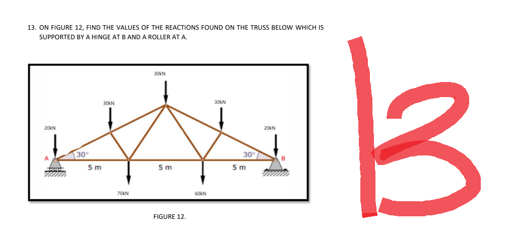 13. ON FIGURE 12, FIND THE VALUES OF THE REACTIONS FOUND ON THE TRUSS BELOW WHICH IS
SUPPORTED BY A HINGE AT B AND A ROLLER AT A.
20kN
30°
5m
30kN
70kN
30kN
5m
FIGURE 12.
60KN
30kN
30°
5m
20kN
B