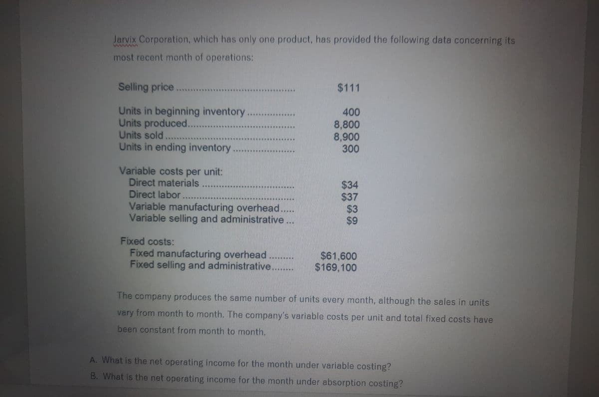 Jarvix Corporation, which has only one product, has provided the following data concerning its
most recent month of operations:
Selling price...
$111
Units in beginning inventory
Units produced...
Units sold. ..
Units in ending inventory
400
8,800
8,900
300
Variable costs per unit:
Direct materials
Direct labor....
Variable manufacturing overhead....
Variable selling and administrative...
$34
$37
$3
$9
...*.
*****
Fixed costs:
Fixed manufacturing overhead
Fixed selling and administrative....
$61,600
$169,100
The company produces the same number of units every month, although the sales in units
vary from month to month. The company's variable costs per unit and total fixed costs have
been constant from month to month.
A. What is the net operating income for the month under variable costing?
B. What is the net operating income for the month under absorption costing?
