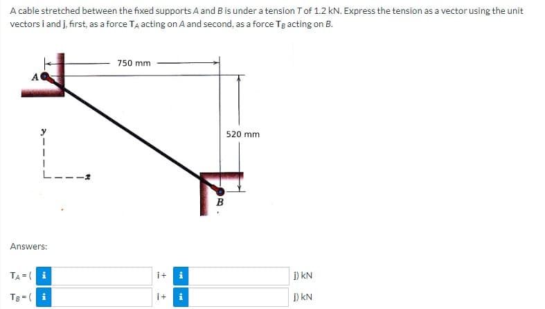 A cable stretched between the fixed supports A and B is under a tension T of 1.2 kN. Express the tension as a vector using the unit
vectors i and j, first, as a force TA acting on A and second, as a force To acting on B.
750 mm
520 mm
Answers:
TA-i
TB = (i
i+
i+ i
B
j) KN
j) KN