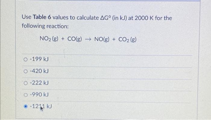 Use Table 6 values to calculate AG° (in kJ) at 2000 K for the
following reaction:
NO2 (g) + CO(g) → NO(g) + CO2 (g)
O -199 kJ
O 420 kJ
O-222 kJ
O-990 kJ
O -1211 kJ
