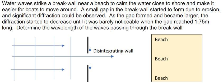 Water waves strike a break-wall near a beach to calm the water close to shore and make it
easier for boats to move around. A small gap in the break-wall started to form due to erosion,
and significant diffraction could be observed. As the gap formed and became larger, the
diffraction started to decrease until it was barely noticeable when the gap reached 1.75m
long. Determine the wavelength of the waves passing through the break-wall.
Вeach
Disintegrating wall
Вeach
Beach

