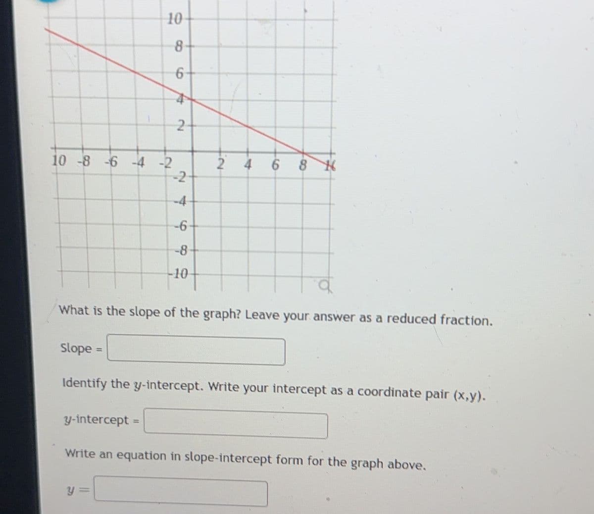 10 -8 -6 -4 -2
Slope =
10
8
6
4
2
y-intercept =
-2
24
Y
-4
-6
-8
-10-
What is the slope of the graph? Leave your answer as a reduced fraction.
2
4 6 8 X
Identify the y-intercept. Write your intercept as a coordinate pair (x,y).
Write an equation in slope-intercept form for the graph above.