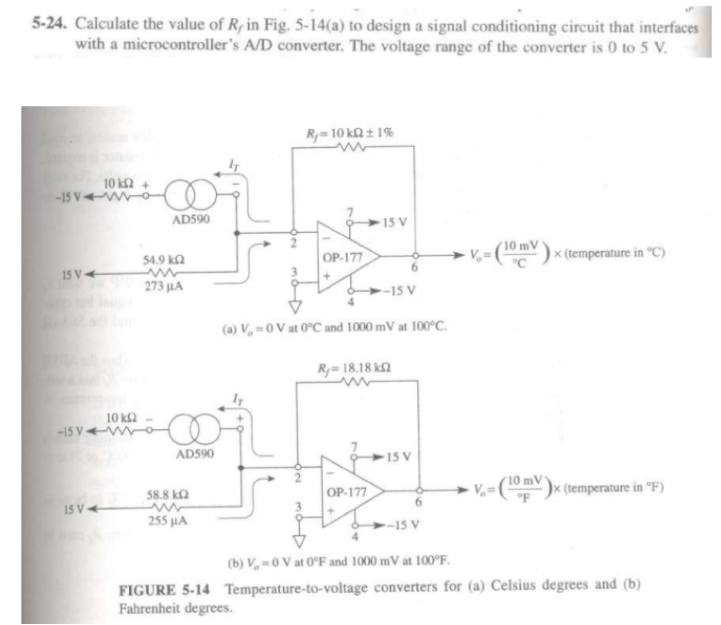 5-24. Calculate the value of R, in Fig. 5-14(a) to design a signal conditioning circuit that interfaces
with a microcontroller's A/D converter. The voltage range of the converter is 0 to 5 V.
R= 10 kQ ± 1%
10 k2 +
-15 V wo
ADS90
15 V
V, = (m)× (temperature in "C)
54.9 k.
OP-177
15 V+
273 HA
-15 V
(a) V, = 0 V at 0°C and 1000 mV at 100°C.
R= 18.18 ka
10 ka -
-15 V W
AD590
15 V
OP-177
→ V,=()x (temperature in "F)
58.8 ka
6.
15 V-
255 µA
-15 V
(b) V, = 0 V at 0°F and 1000 mV at 100°F.
FIGURE 5-14 Temperature-to-voltage converters for (a) Celsius degrees and (b)
Fahrenheit degrees.
7.
