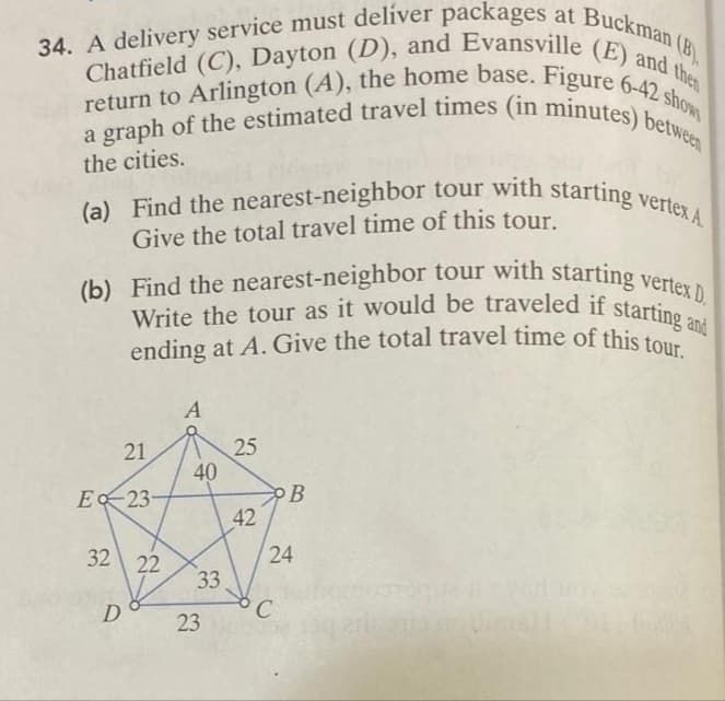 (B)
34. A delivery service must deliver packages at Buckman (
(b) Find the nearest-neighbor tour with starting vertex D.
a graph of the estimated travel times (in minutes) between
(a) Find the nearest-neighbor tour with starting vertex A.
ending at A. Give the total travel time of this tour.
Write the tour as it would be traveled if starting and
return to Arlington (A), the home base. Figure 6-42 show
Chatfield (C), Dayton (D), and Evansville (E) and then
the cities.
Give the total travel time of this tour.
(b) Find the nearest-neighbor tour with starting ver
25
40
21
E 23
PB
42
32
22
24
33
D
23
