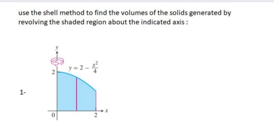 use the shell method to find the volumes of the solids generated by
revolving the shaded region about the indicated axis :
y = 2 - 4
1-
2.
