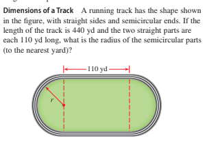 Dimensions of a Track A running track has the shape shown
in the figure, with straight sides and semicircular ends. If the
length of the track is 440 yd and the two straight parts are
each 110 yd long, what is the radius of the semicircular parts
(to the nearest yard)?
-110 yd-
