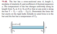 *9-68. The bar has a cross-sectional area A, length L,
modulus of elasticity E, and coefficient of thermal expansion
a. The temperature of the bar changes uniformly along its
length from Ta at A to Ta at B so that at any point x along
the bar T = TA + 1(Ta - TA)/L. Determine the force the
bar exerts on the rigid walk Initially no axial force is in the
bar and the bar has a temperature of TA-
TA
