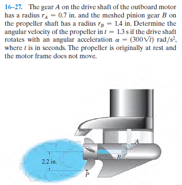 16-27. The gear A on the drive shaft of the outboard motor
has a radius ra = 0.7 in. and the meshed pinion gear B on
the propeller shaft has a radius rg = 1.4 in. Determine the
angular velocity of the propeller in t = 1.3 s if the drive shaft
rotates with an angular acceleration a = (300Vi) rad/s²,
where t is in seconds. The propeller is originally at rest and
the motor frame does not move.
%3D
2.2 in.
