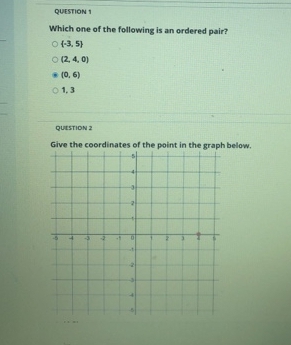 Which one of the following is an ordered pair?
O3. 5)
O2.4, 0)
(0, 6)
01,3
QUESTION 2
Give the coordinates of the point in the graph below.
