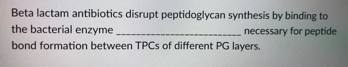 Beta lactam antibiotics disrupt peptidoglycan synthesis by binding to
the bacterial enzyme
necessary for peptide
bond formation between TPCS of different PG layers.
