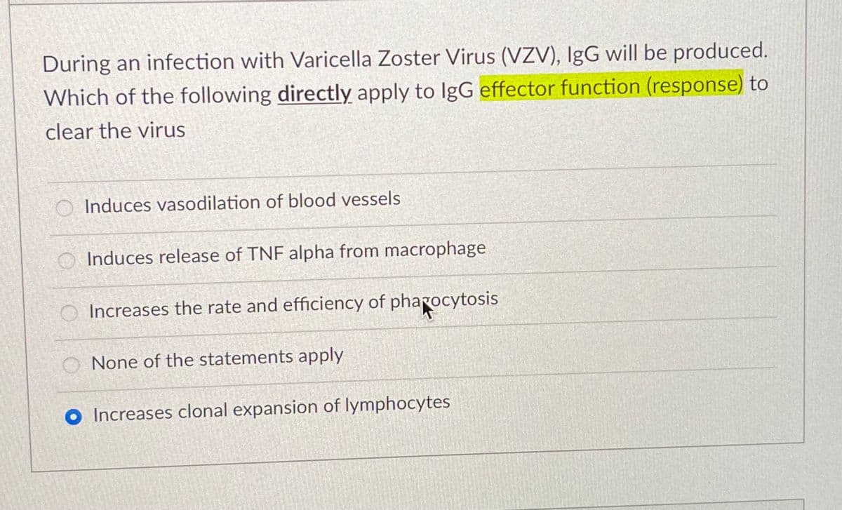 During an infection with Varicella Zoster Virus (VZV), IgG will be produced.
Which of the following directly apply to IgG effector function (response) to
clear the virus
O Induces vasodilation of blood vessels
O Induces release of TNF alpha from macrophage
O Increases the rate and efficiency of pharocytosis
O None of the statements apply
O Increases clonal expansion of lymphocytes
