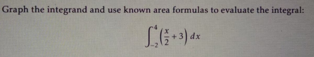 Graph the integrand and use known area formulas to evaluate the integral:
dx
