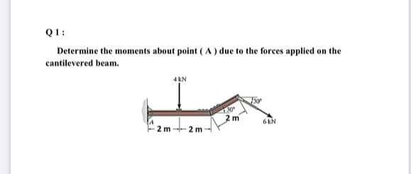 Q1:
Determine the moments about point ( A ) due to the forces applied on the
cantilevered beam.
4 KN
2m
6 KN
2 m --2 m
