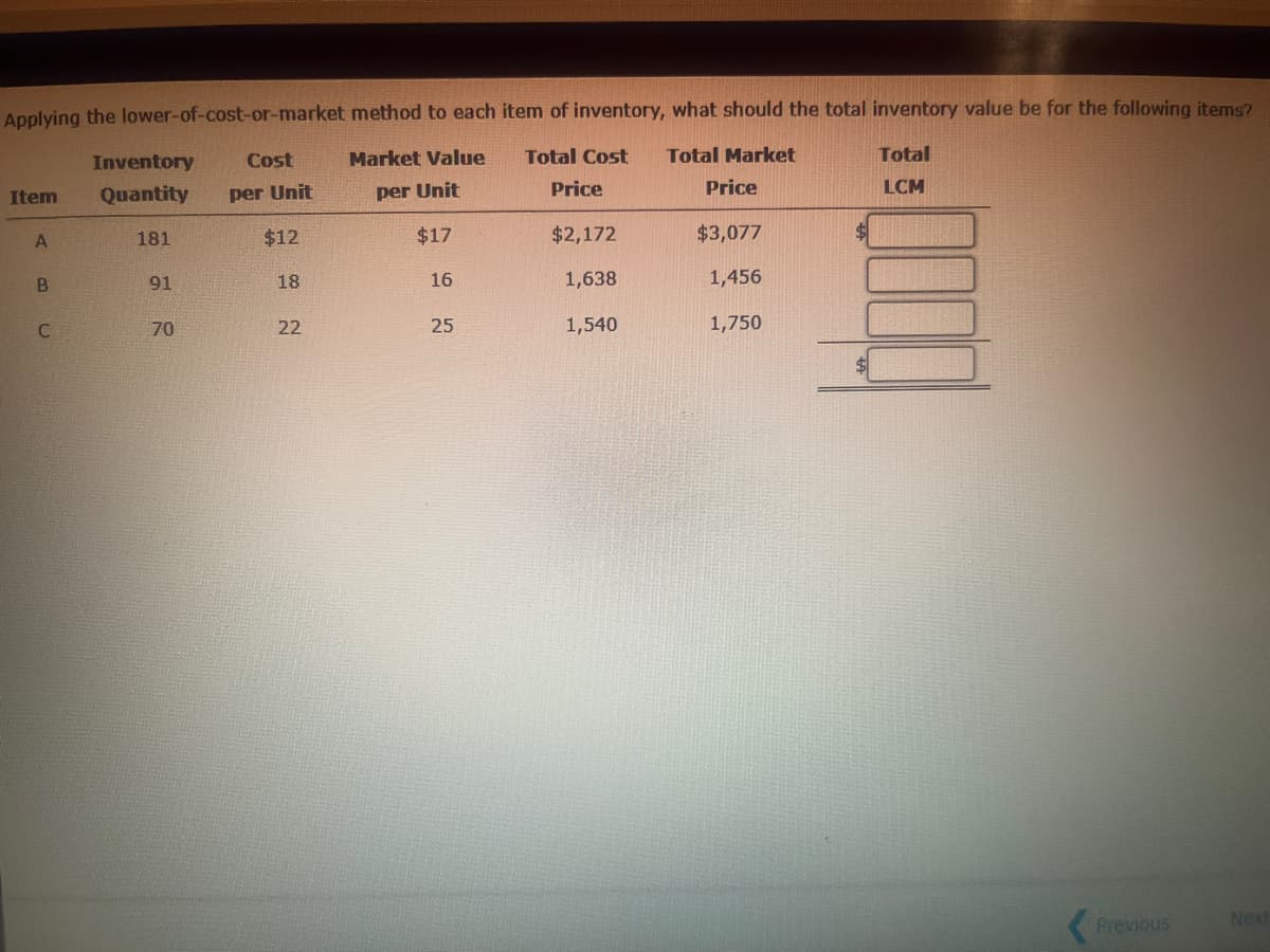 Applying the lower-of-cost-or-market method to each item of inventory, what should the total inventory value be for the following items?
Total Cost Total Market
Inventory
Item
Quantity
Cost
per Unit
Market Value
Total
per Unit
Price
Price
LCM
A
181
$12
$17
$2,172
$3,077
$
B
91
18
16
1,638
1,456
C
70
10
22
25
1,540
1,750
Previous
Next