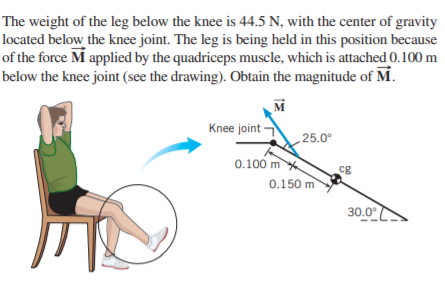 The weight of the leg below the knee is 44.5 N, with the center of gravity
located below the knee joint. The leg is being held in this position because
of the force M applied by the quadriceps muscle, which is attached 0.100 m
below the knee joint (see the drawing). Obtain the magnitude of M.
Mi
Knee joint
25.0°
0.100 m x
cg
0.150 m
30.0°
