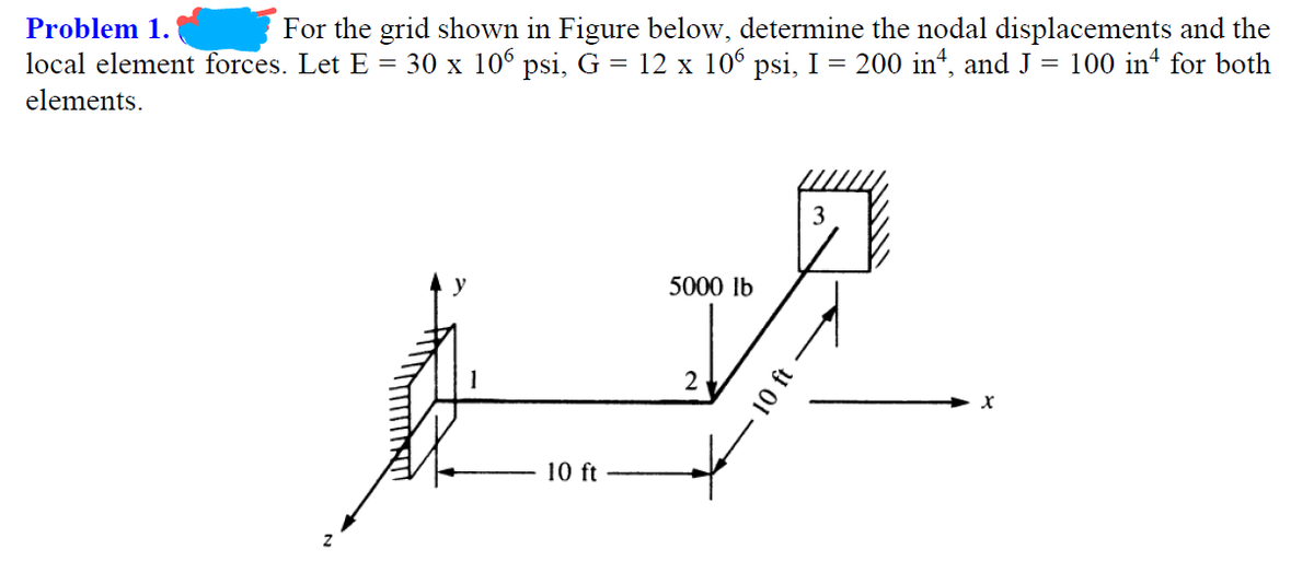 Problem 1.
For the grid shown in Figure below, determine the nodal displacements and the
local element forces. Let E = 30 x 106 psi, G = 12 x 106 psi, I = 200 inª, and J = 100 in for both
elements.
5000 lb
7
2
10 ft
10 ft
X
