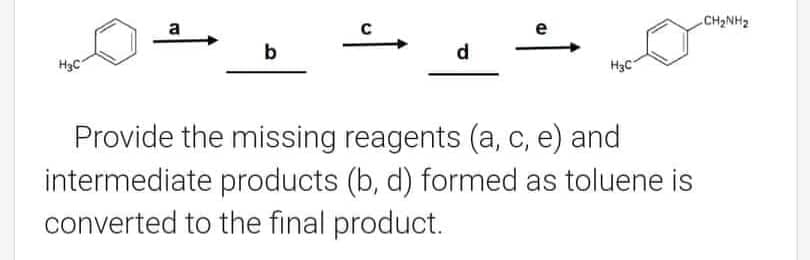 H3C₁
a
b
d
e
H3C
Provide the missing reagents (a, c, e) and
intermediate products (b, d) formed as toluene is
converted to the final product.
CH, NH