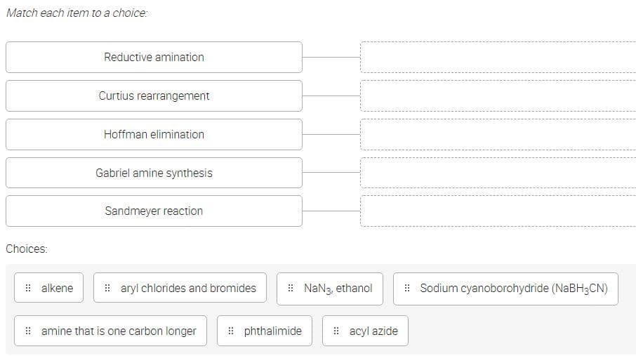 Match each item to a choice:
Choices:
alkene
Reductive amination
Curtius rearrangement
Hoffman elimination
Gabriel amine synthesis
Sandmeyer reaction
aryl chlorides and bromides
amine that is one carbon longer
phthalimide
NaN3, ethanol
#acyl azide
Sodium cyanoborohydride (NaBH3CN)