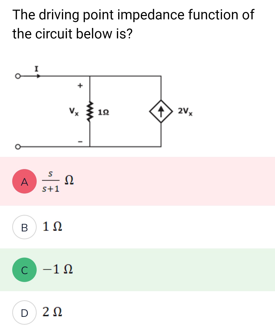 The driving point impedance function of
the circuit below is?
A
B
с
D
S
s+1
1Ω
Ω
–1Ω
ΖΩ
152
1
2Vx