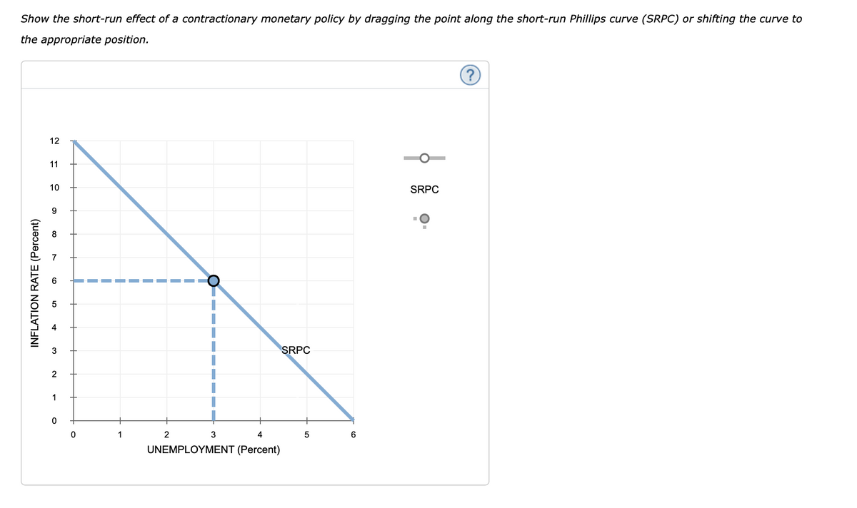 Show the short-run effect of a contractionary monetary policy by dragging the point along the short-run Phillips curve (SRPC) or shifting the curve to
the appropriate position.
(?
12
11
10
SRPC
4
SRPC
2
1
1
2
3
4
5
6
UNEMPLOYMENT (Percent)
INFLATION RATE (Percent)
3.

