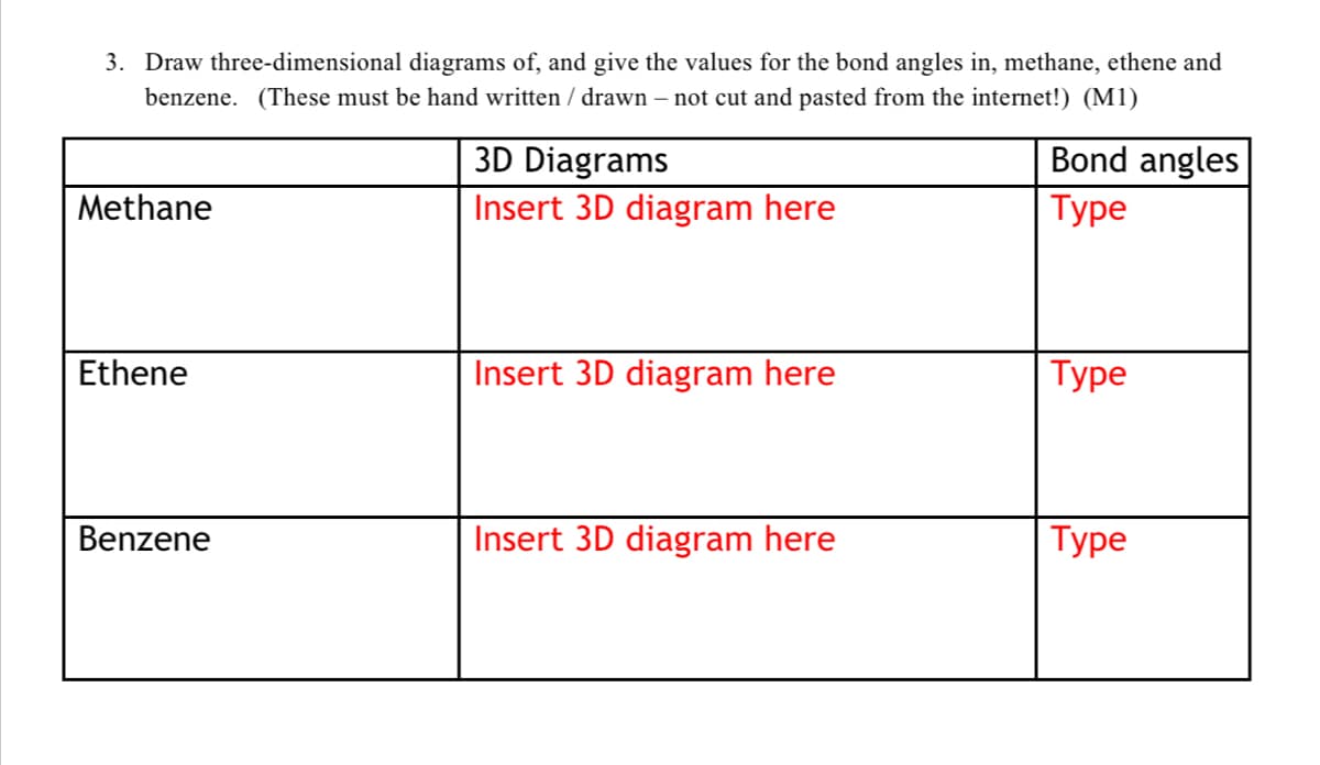 3. Draw three-dimensional diagrams of, and give the values for the bond angles in, methane, ethene and
benzene. (These must be hand written / drawn – not cut and pasted from the internet!) (M1)
3D Diagrams
Bond angles
Methane
Insert 3D diagram here
Туре
Ethene
Insert 3D diagram here
Туре
Benzene
Insert 3D diagram here
Туре
