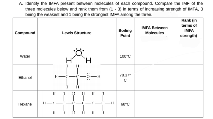 A. Identify the IMFA present between molecules of each compound. Compare the IMF of the
three molecules below and rank them from (1 - 3) in terms of increasing strength of IMFA, 3
being the weakest and 1 being the strongest IMFA among the three.
Rank (in
terms of
IMFA Between
Boiling
IMFA
Compound
Lewis Structure
Molecules
Point
strength)
Water
100°C
H---0-H
78.37°
Ethanol
|
II
II
I -C -- C-
Hexane
68°C
