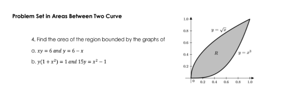 Problem Set in Areas Between Two Curve
1.0 4
0.8
y = VI
4. Find the area of the region bounded by the graphs of
0.6
a. ry = 6 and y = 6 – x
R
y = r3
0.4 +
b. y(1+ x²) = 1 and 15y = x² – 1
0.2
0.2
0.4
0.6
0.8
1.0
