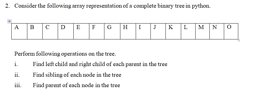 2. Consider the following array representation of a complete binary tree in python.
А
В
C
D
E
F
G
H
I
J
K
L
M
N
Perform following operations on the tree.
i.
Find left child and right child of each parent in the tree
ii.
Find sibling of each node in the tree
iii.
Find parent of each node in the tree
