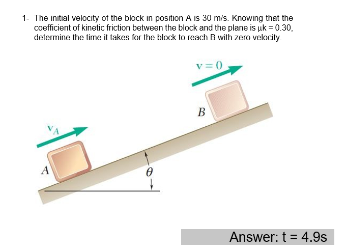 1- The initial velocity of the block in position A is 30 m/s. Knowing that the
coefficient of kinetic friction between the block and the plane is uk = 0.30,
determine the time it takes for the block to reach B with zero velocity.
v = 0
В
A
Answer: t = 4.9s
