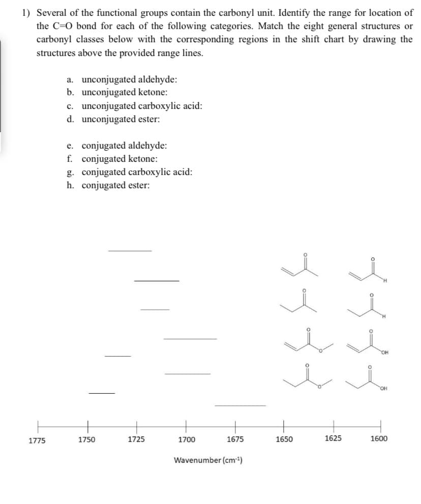 Several of the functional groups contain the carbonyl unit. Identify the range for location of
the C=O bond for each of the following categories. Match the eight general structures or
carbonyl classes below with the corresponding regions in the shift chart by drawing the
structures above the provided range lines.
a. unconjugated aldehyde:
b. unconjugated ketone:
c. unconjugated carboxylic acid:
d. unconjugated ester:
e. conjugated aldehyde:
f. conjugated ketone:
g. conjugated carboxylic acid:
h. conjugated ester:
